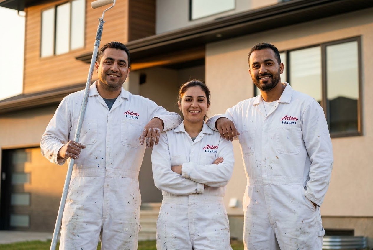 The Artem Painters team in branded whites outside a recently finished home